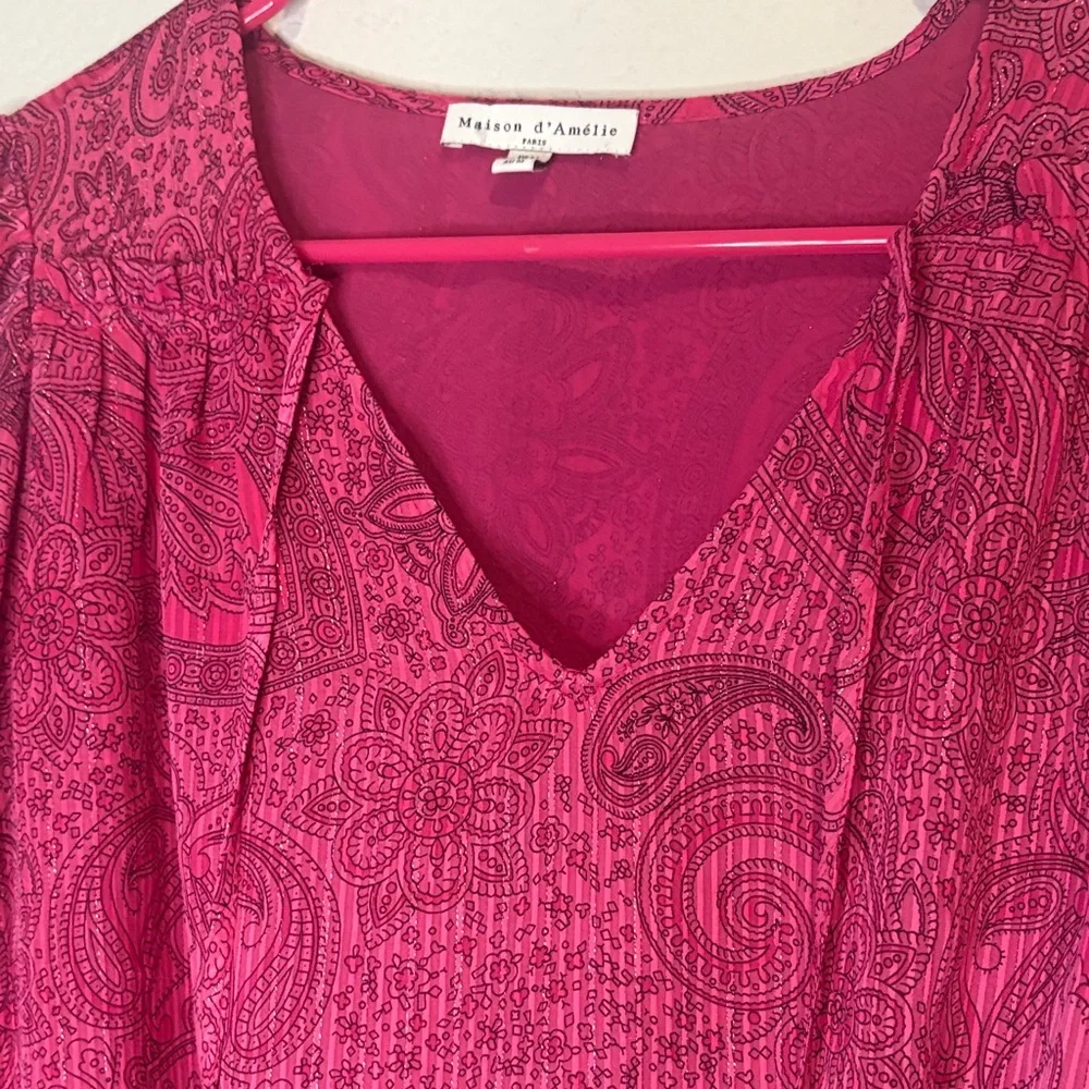 Vibrant Pink Paisley Blouse with sheer balloon sleeves Medium - Picture 6 of 7